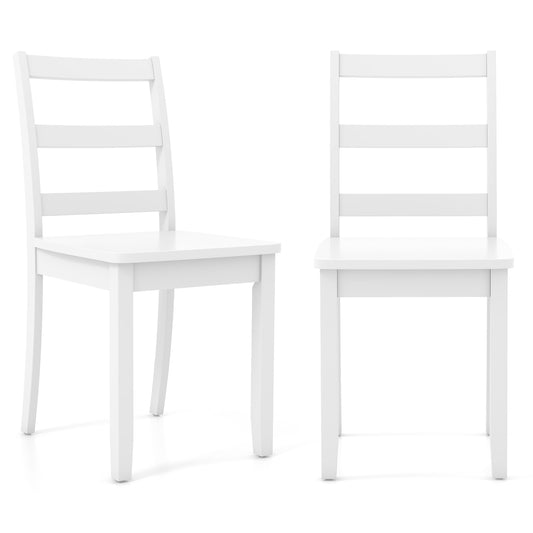 Pair of Dining Chairs with Solid Rubber Wood Legs and Ladder Backrest - White