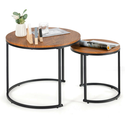 Set of 2 Stacking Round Coffee Tables with Vintage Finish and Metal Frame, Light Brown