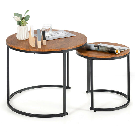 Set of 2 Stacking Round Coffee Tables with Vintage Finish and Metal Frame, Light Brown