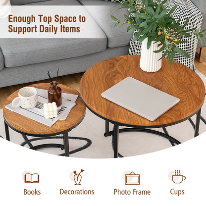Set of 2 Stacking Round Coffee Tables with Vintage Finish and Metal Frame, Light Brown