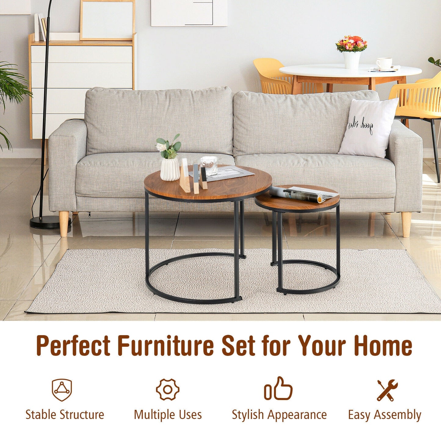 Set of 2 Stacking Round Coffee Tables with Vintage Finish and Metal Frame, Light Brown