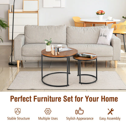 Set of 2 Stacking Round Coffee Tables with Vintage Finish and Metal Frame, Light Brown