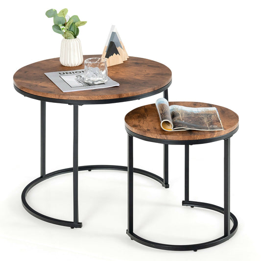 Set of 2 Stacking Round Coffee Tables with Vintage Finish and Metal Frame, Rustic Brown