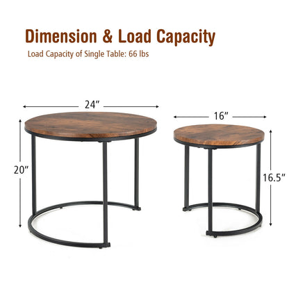 Set of 2 Stacking Round Coffee Tables with Vintage Finish and Metal Frame, Rustic Brown