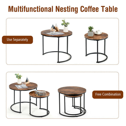 Set of 2 Stacking Round Coffee Tables with Vintage Finish and Metal Frame, Rustic Brown