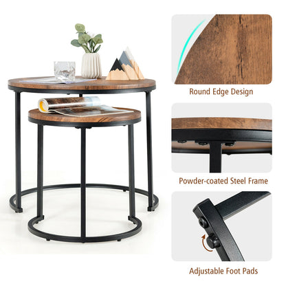 Set of 2 Stacking Round Coffee Tables with Vintage Finish and Metal Frame, Rustic Brown