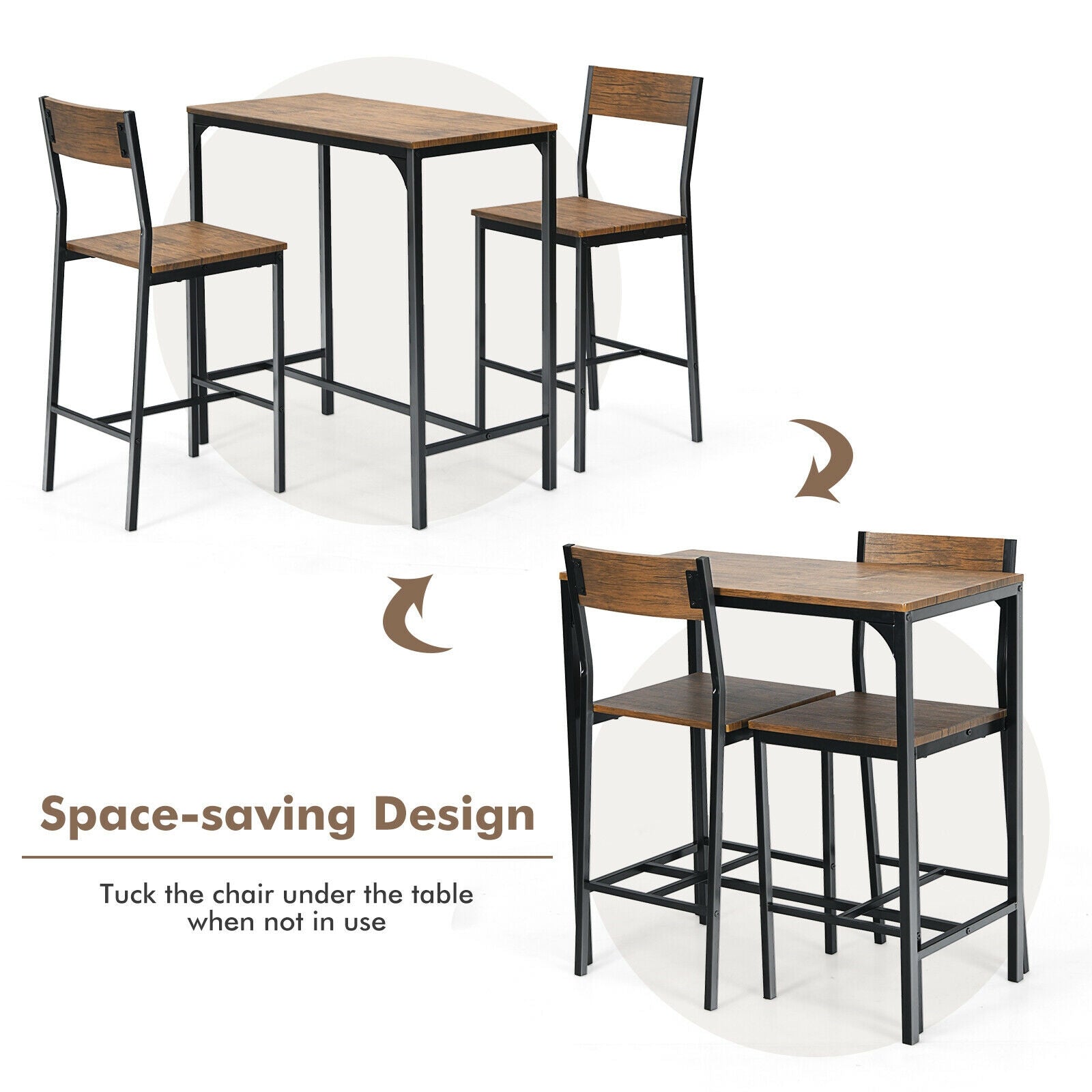 Space-saving bar table and chairs set with text indicating a space-saving design.