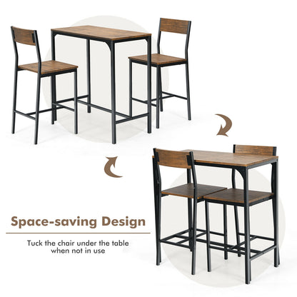 Space-saving bar table and chairs set with text indicating a space-saving design.