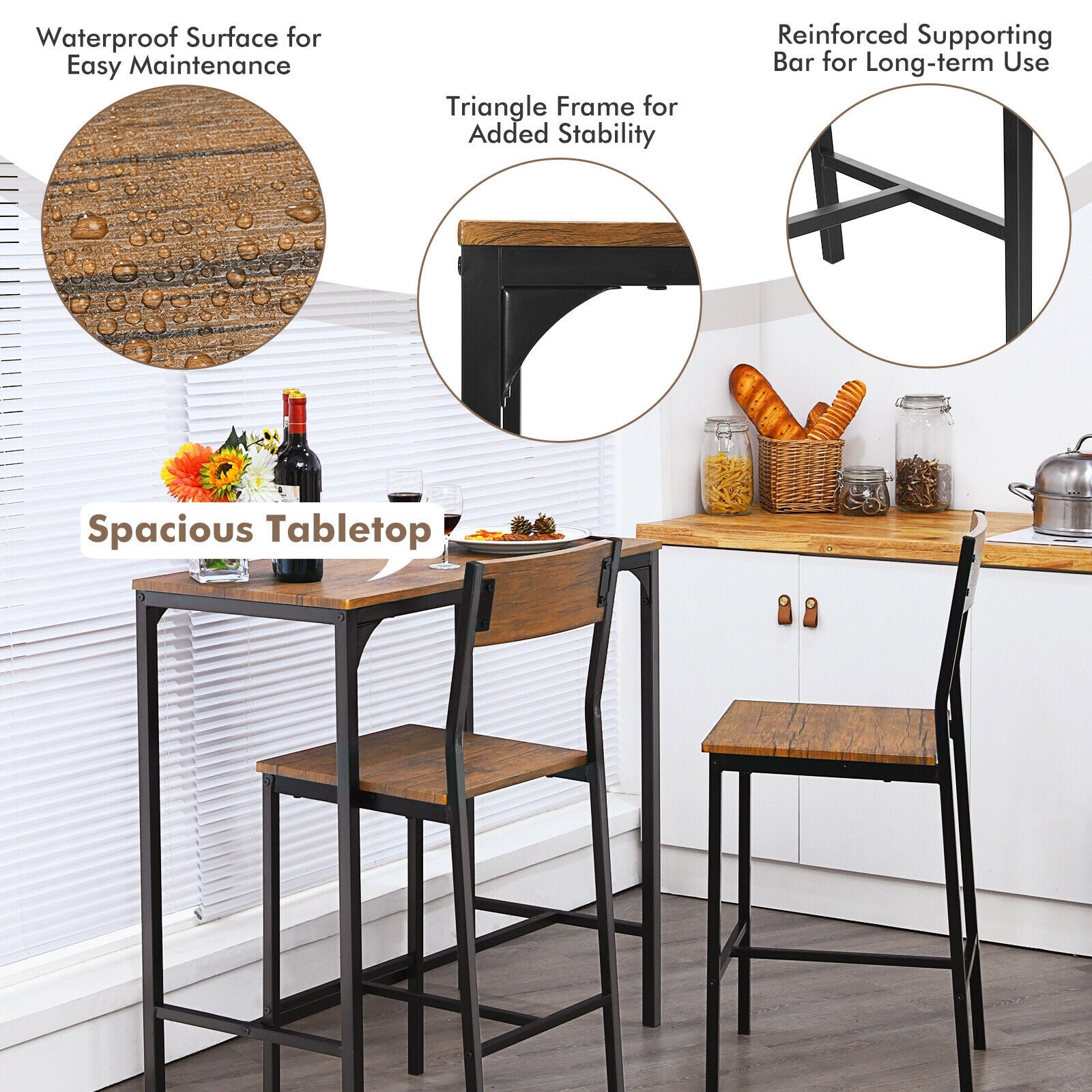 Kitchen table set with chairs, highlighting features like waterproof surface, triangle frame, and spacious tabletop.