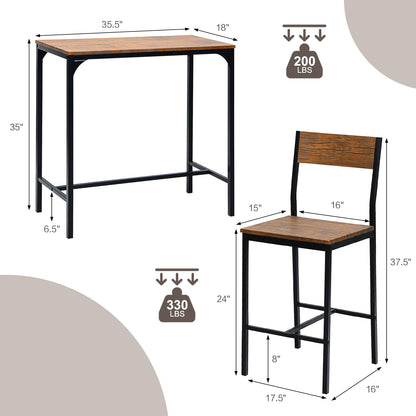 Modern 3 Piece Pub Dining Set with Bar Height Table and Two Ergonomic Stools - Black