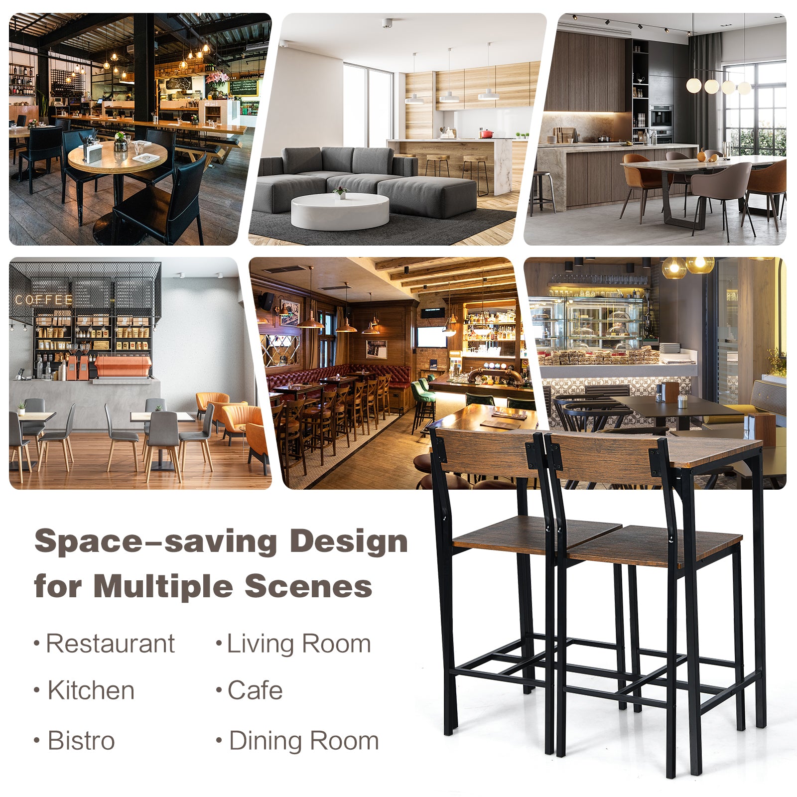 Collage of various indoor settings with furniture, including a restaurant, living room, kitchen, cafe, and dining room, promoting space-saving design.