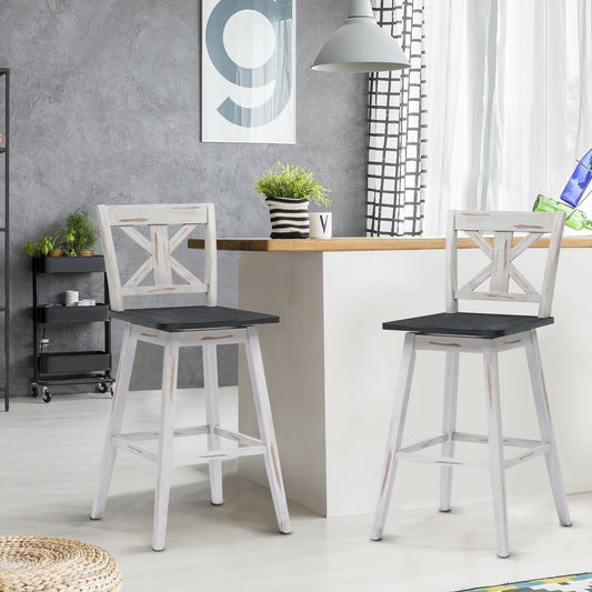 360 Degree Swivel Bar Stools Set of 2 with Backrest in White for Home or Bistro