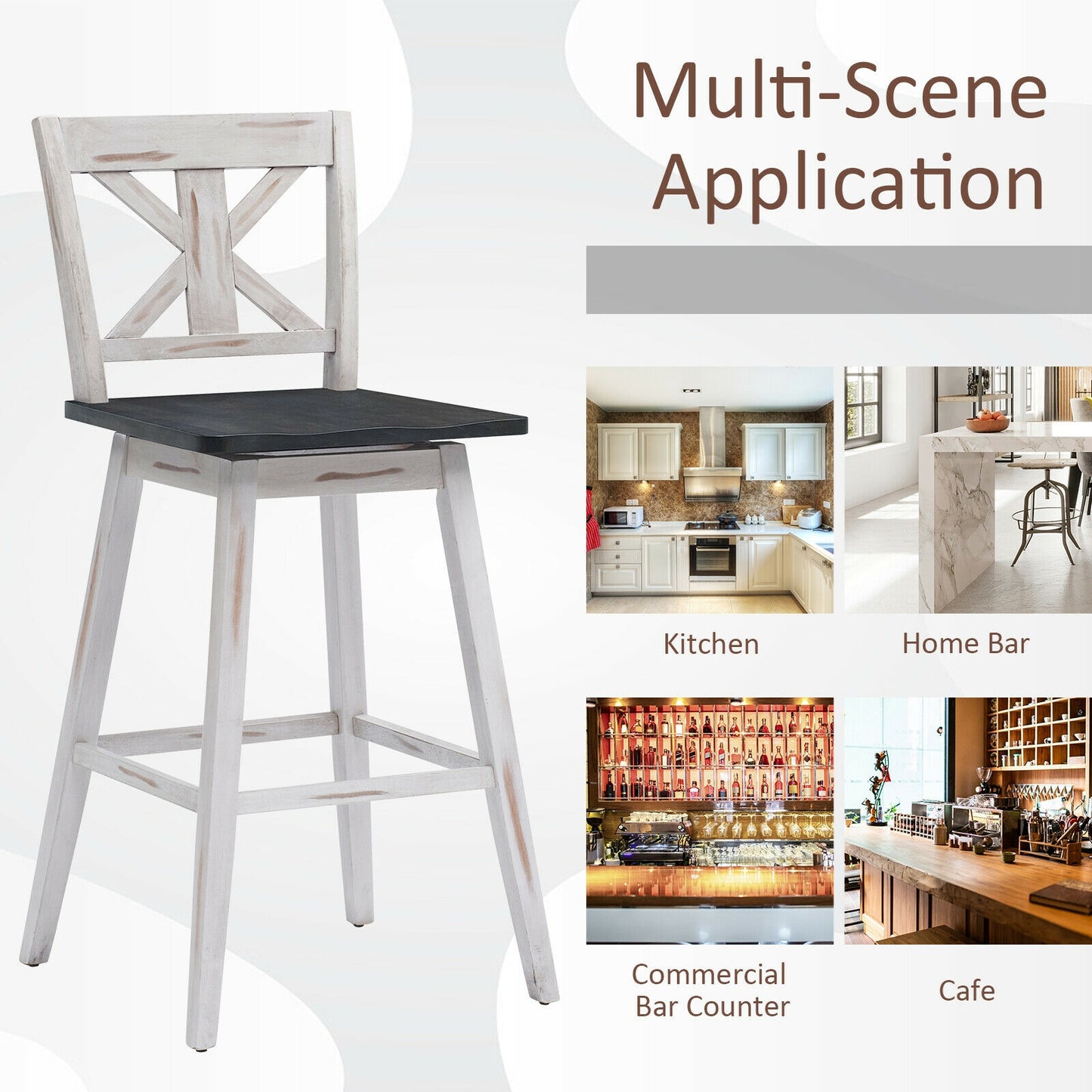 360 Degree Swivel Bar Stools Set of 2 with Backrest in White for Home or Bistro
