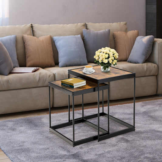 2 Piece Nesting Side Table Set with Metal Legs and Wood Finish for Living Room