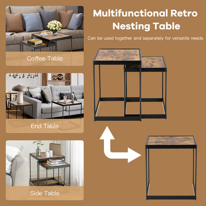2 Piece Nesting Side Table Set with Metal Legs and Wood Finish for Living Room