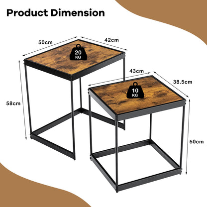 2 Piece Nesting Side Table Set with Metal Legs and Wood Finish for Living Room