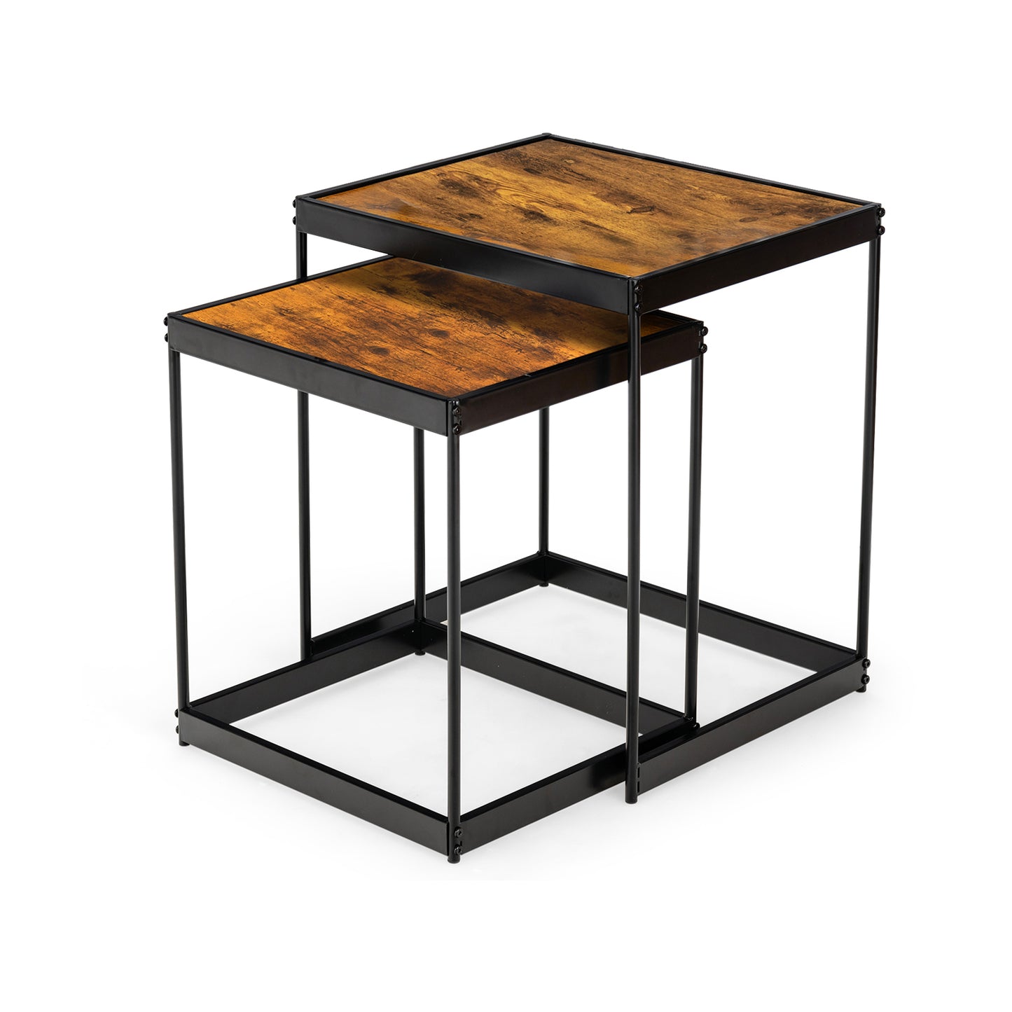 2 Piece Nesting Side Table Set with Metal Legs and Wood Finish for Living Room