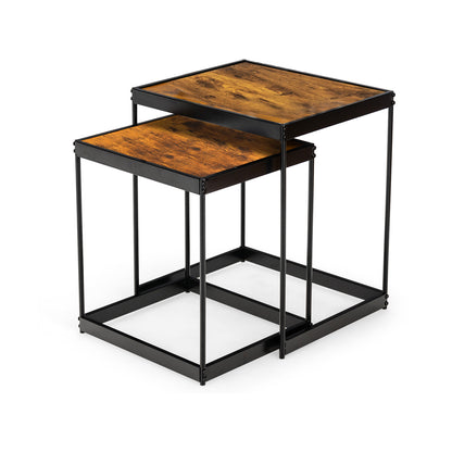 2 Piece Nesting Side Table Set with Metal Legs and Wood Finish for Living Room