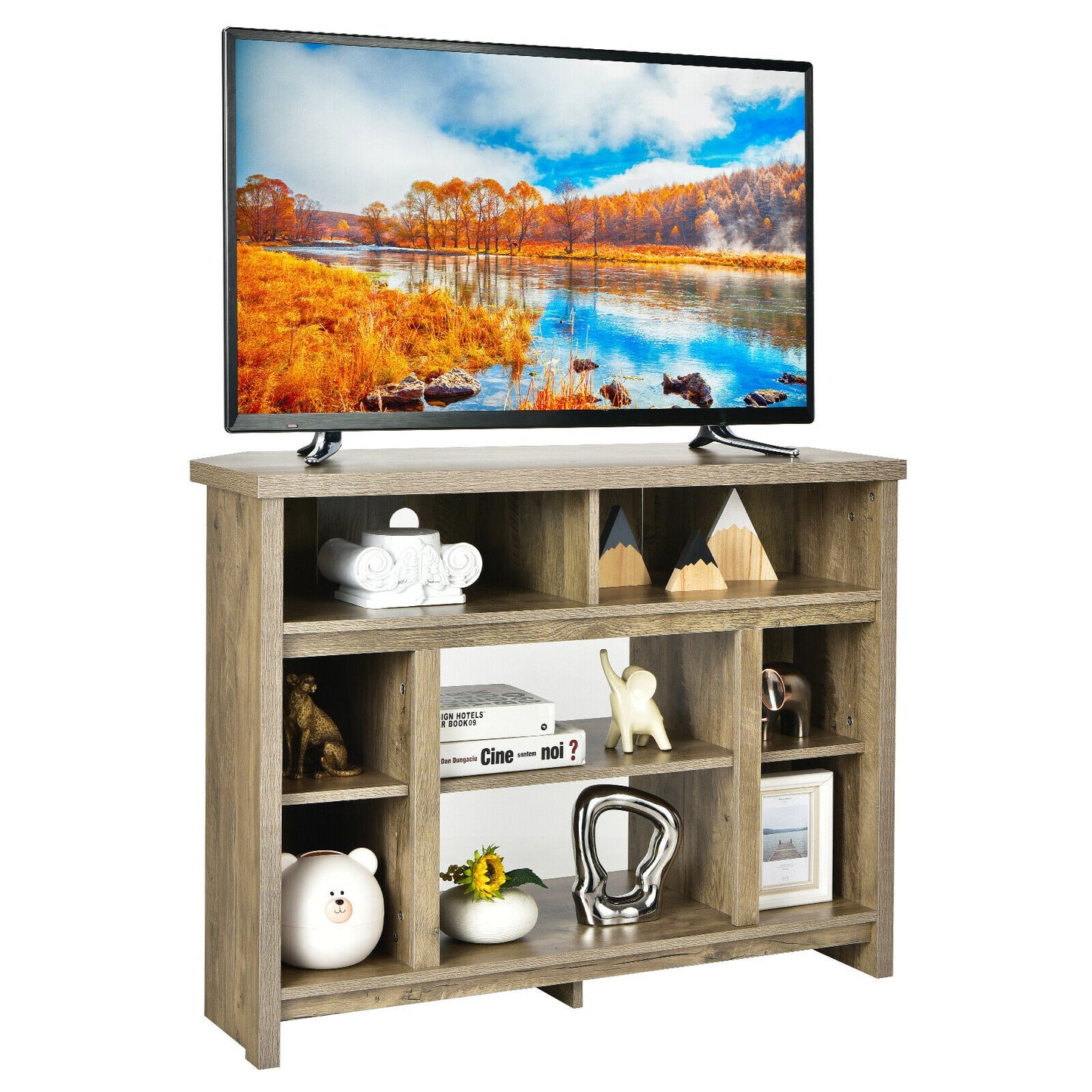 Sleek Space-Saving Corner TV Console with Adjustable Shelves for 48 Inch TVs - Natural