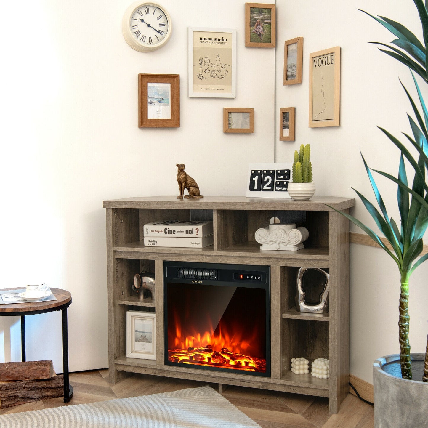 Sleek Space-Saving Corner TV Console with Adjustable Shelves for 48 Inch TVs - Natural