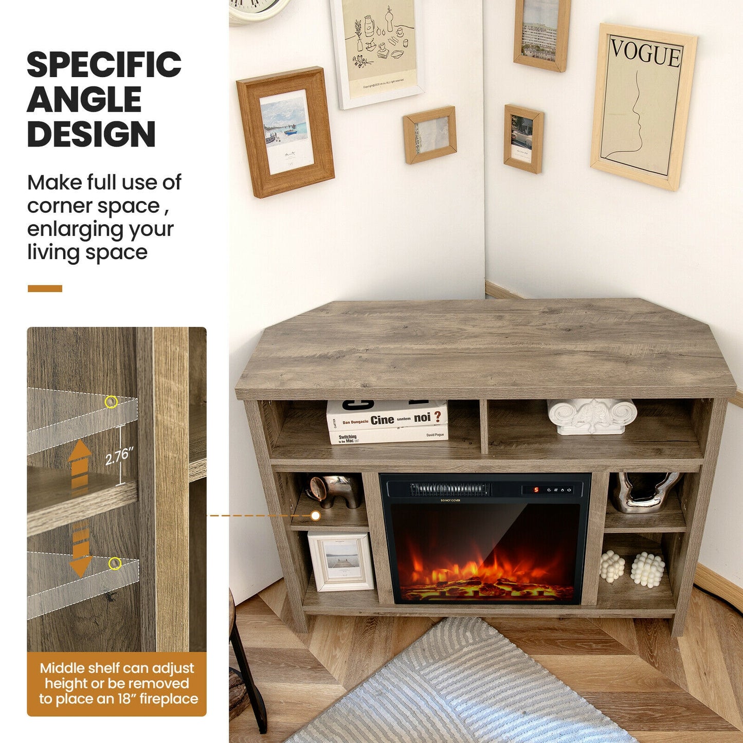 Sleek Space-Saving Corner TV Console with Adjustable Shelves for 48 Inch TVs - Natural