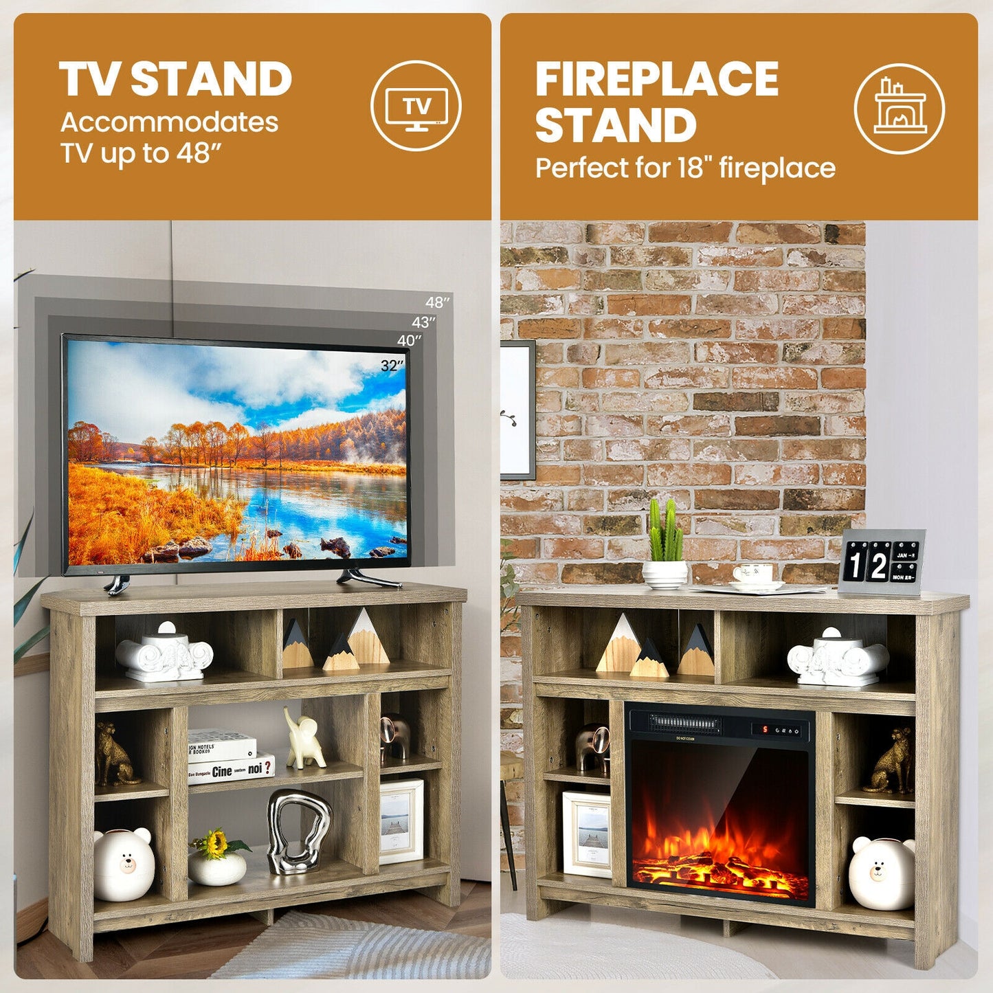 Sleek Space-Saving Corner TV Console with Adjustable Shelves for 48 Inch TVs - Natural