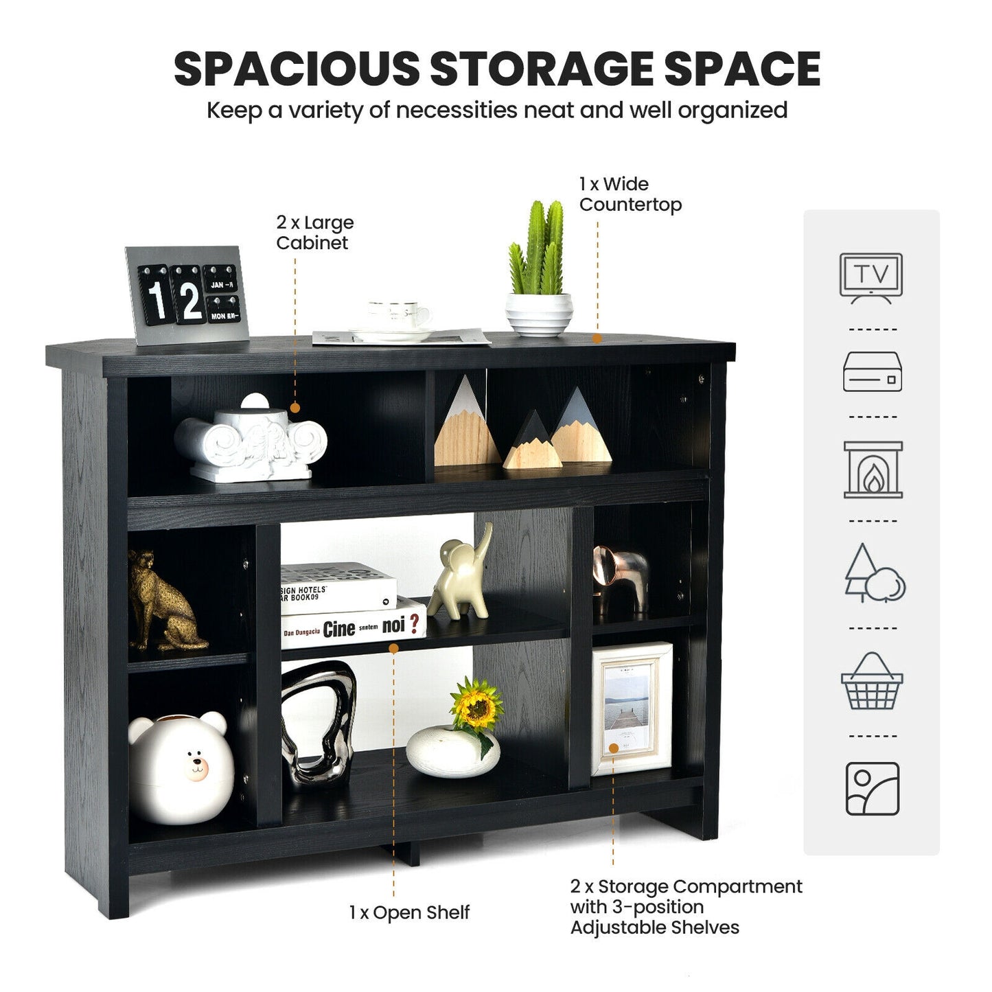 Sleek Space-Saving Corner TV Console with Adjustable Shelves for 48 Inch TVs - Black