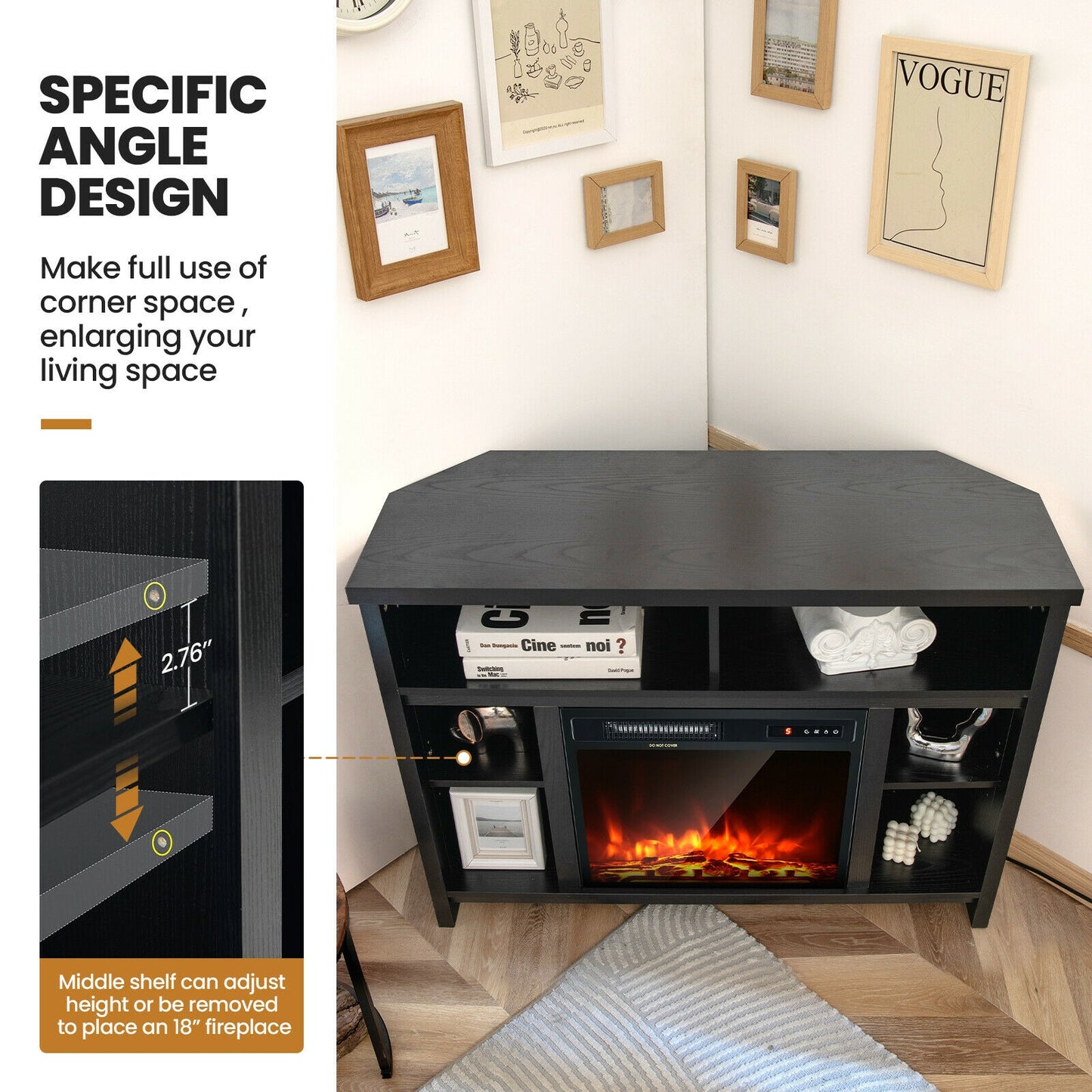 Sleek Space-Saving Corner TV Console with Adjustable Shelves for 48 Inch TVs - Black