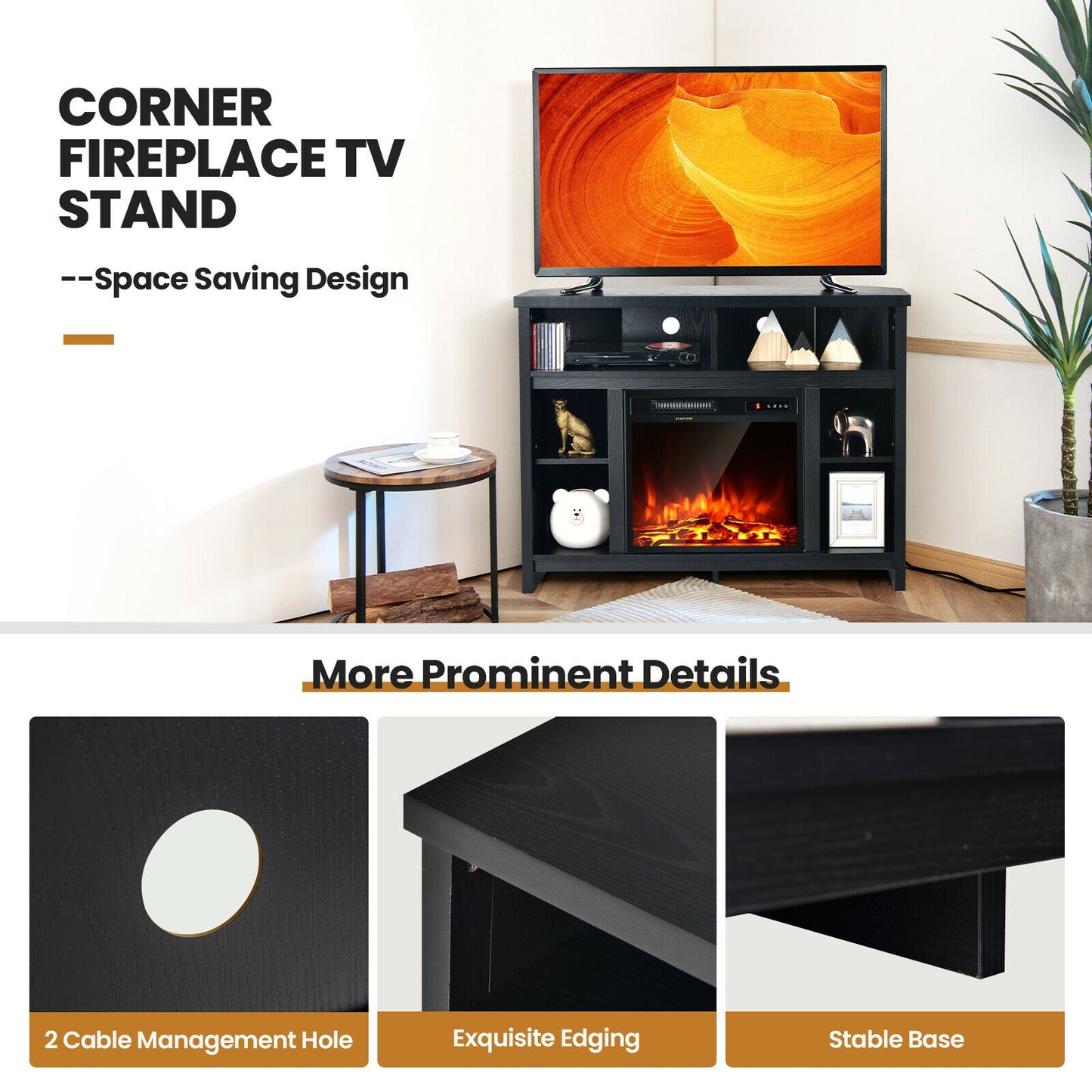 Sleek Space-Saving Corner TV Console with Adjustable Shelves for 48 Inch TVs - Black