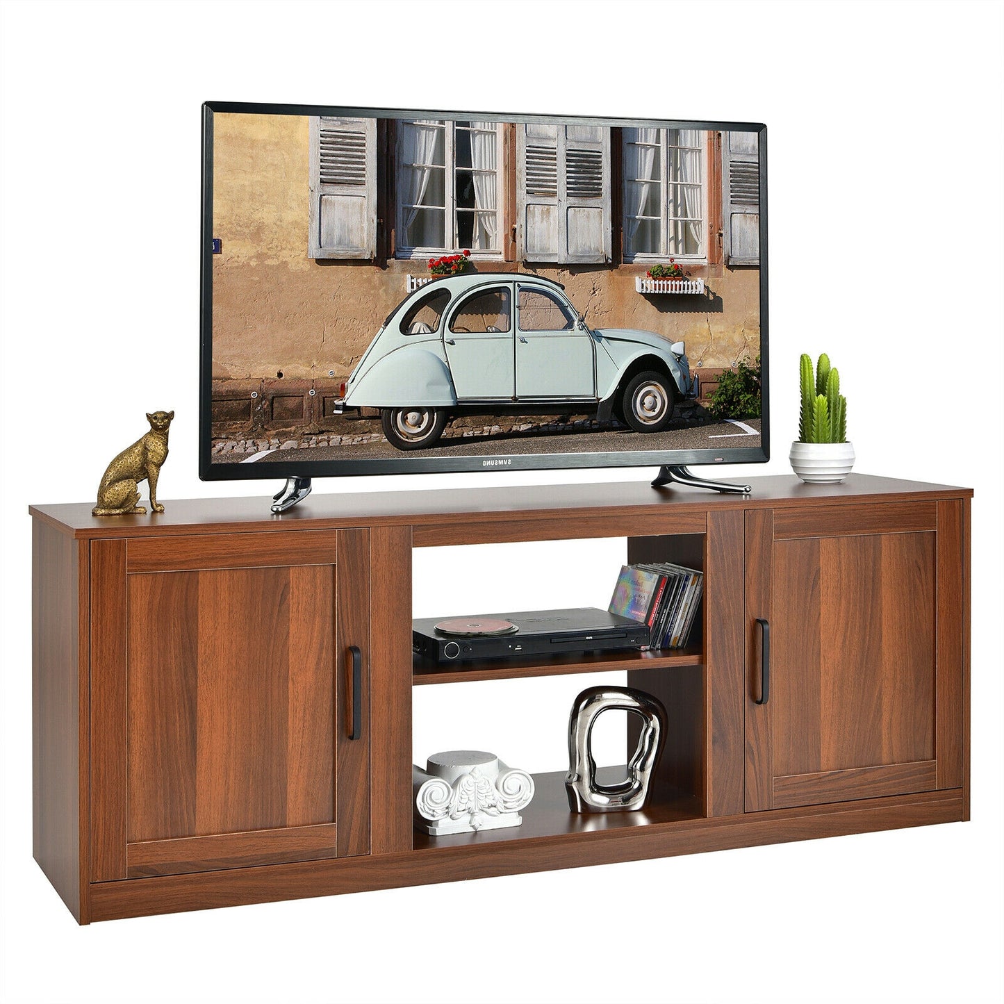 Rustic Entertainment Center for TVs up to 65 Inch with Cabinets and Fireplace Slot 58 Inch - Walnut
