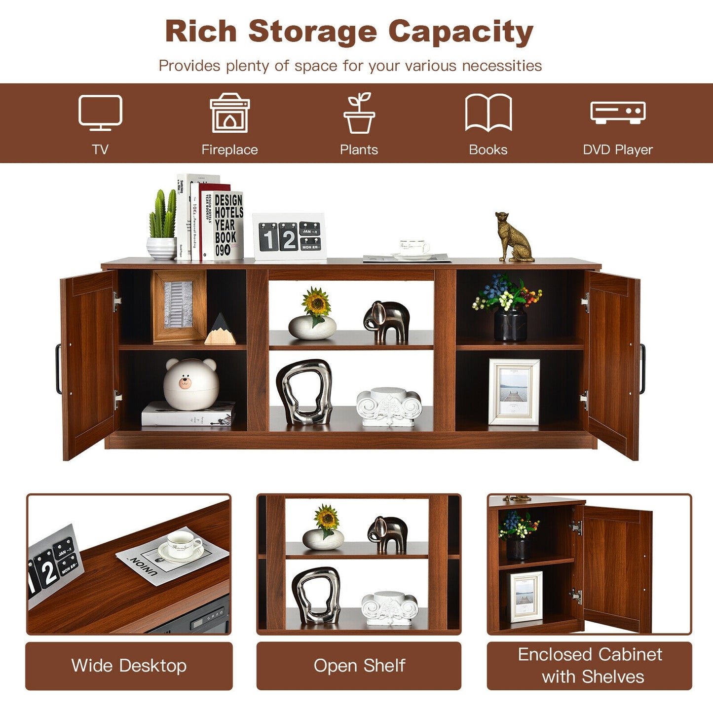 Rustic Entertainment Center for TVs up to 65 Inch with Cabinets and Fireplace Slot 58 Inch - Walnut