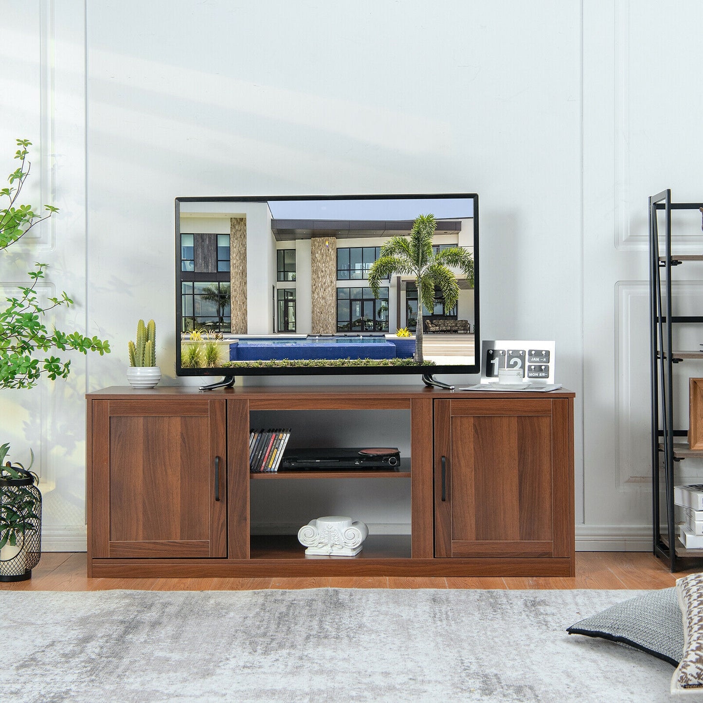 Rustic Entertainment Center for TVs up to 65 Inch with Cabinets and Fireplace Slot 58 Inch - Walnut