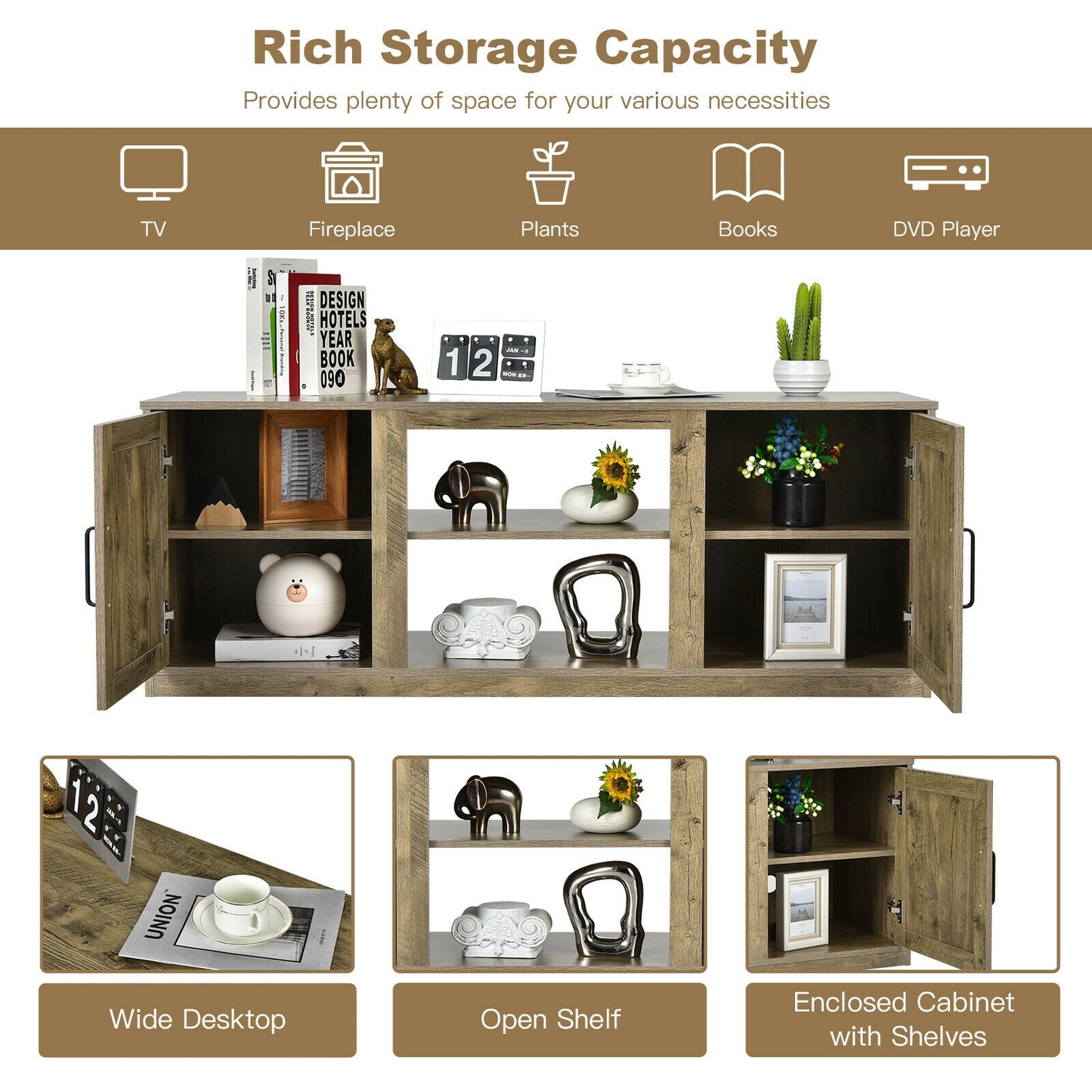 Rustic Entertainment Center for TVs up to 65 Inch with Cabinets and Fireplace Slot 58 Inch - Natural