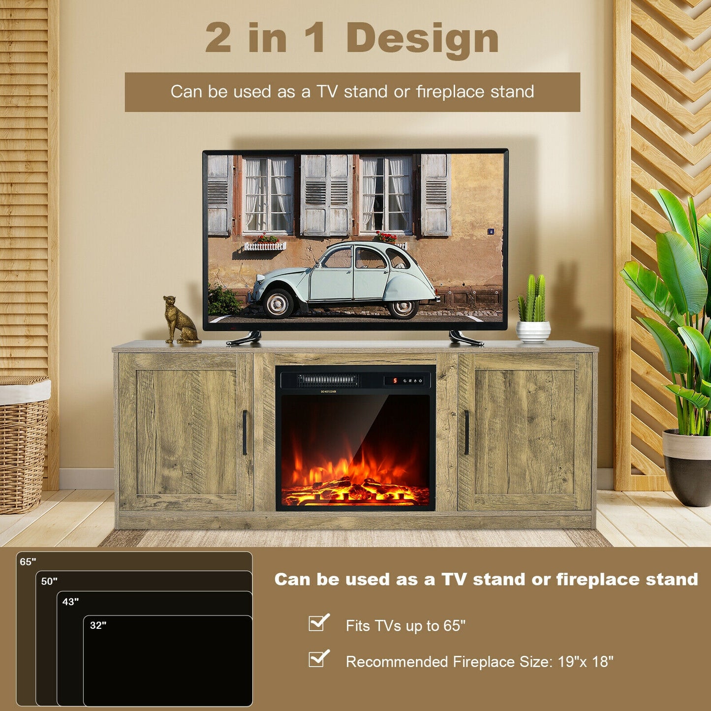 Rustic Entertainment Center for TVs up to 65 Inch with Cabinets and Fireplace Slot 58 Inch - Natural