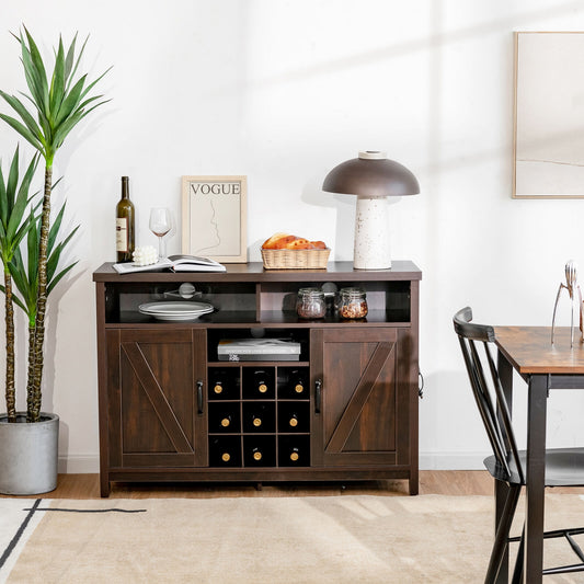 Farmhouse Buffet Cabinet with Removable Wine Rack and Storage Cabinets - Dark Brown