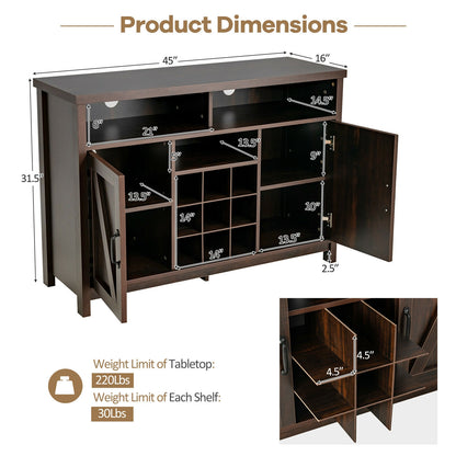 Farmhouse Buffet Cabinet with Removable Wine Rack and Storage Cabinets - Dark Brown