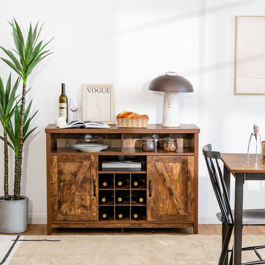 Farmhouse Buffet Cabinet with Removable Wine Rack and Storage Cabinets - Rustic Brown