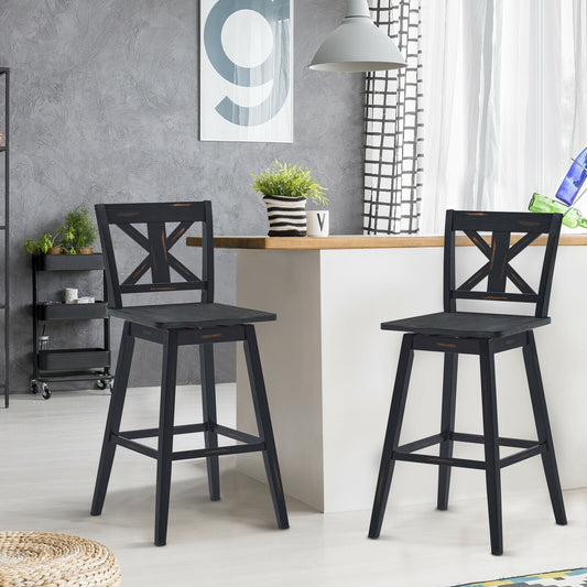 360 Degree Swivel Bar Stools Set of 2 with Backrest in Black for Home or Bistro
