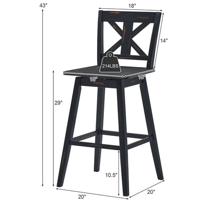 360 Degree Swivel Bar Stools Set of 2 with Backrest in Black for Home or Bistro