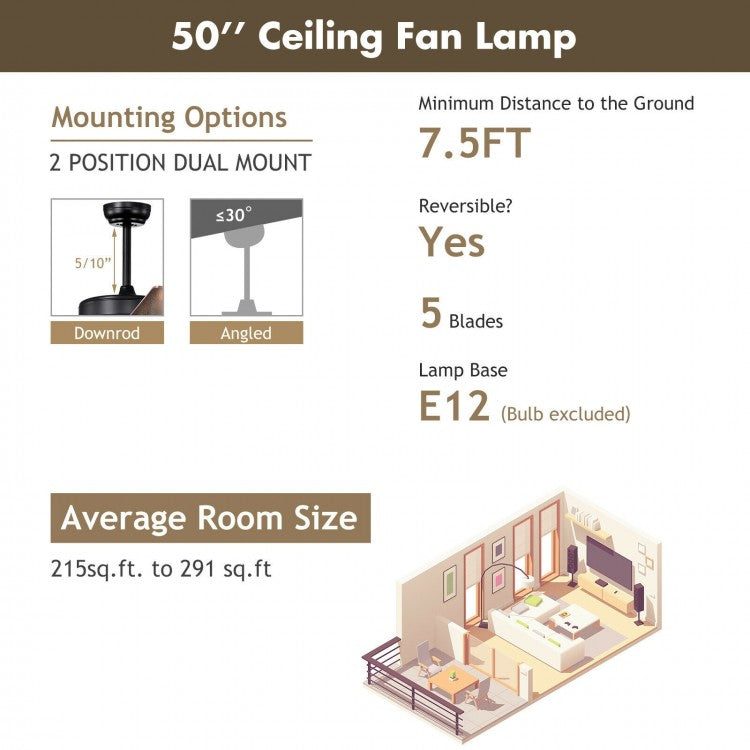 50 Inch Noiseless Ceiling Fan with Explosion-Proof Glass Lampshades & Reversible Blades – Black