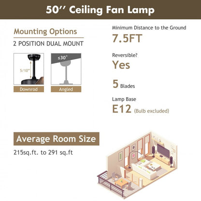50 Inch Noiseless Ceiling Fan with Explosion-Proof Glass Lampshades & Reversible Blades – Black