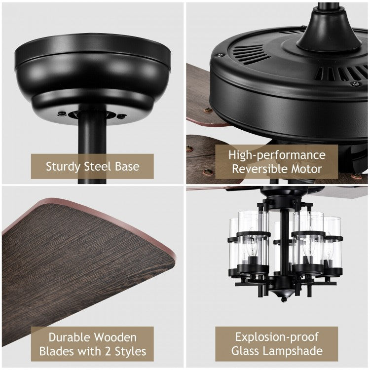 50 Inch Noiseless Ceiling Fan with Explosion-Proof Glass Lampshades & Reversible Blades – Black