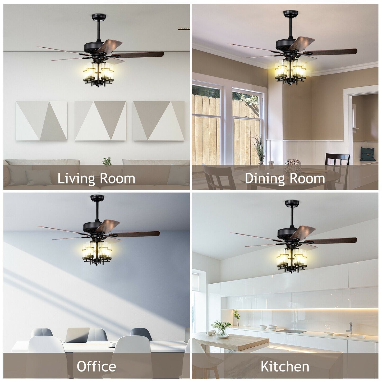 50 Inch Noiseless Ceiling Fan with Explosion-Proof Glass Lampshades & Reversible Blades – Black