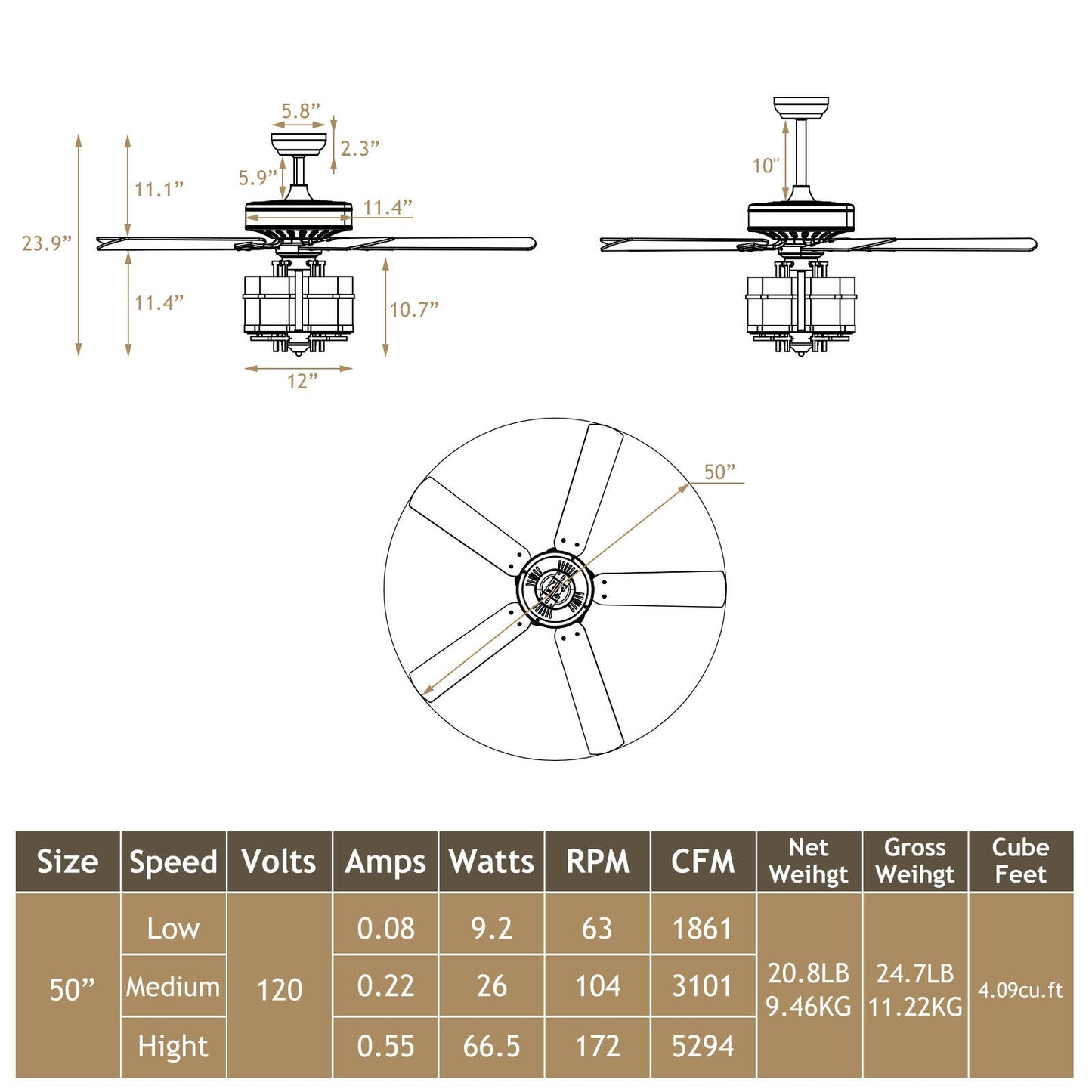50 Inch Noiseless Ceiling Fan with Explosion-Proof Glass Lampshades & Reversible Blades – Black