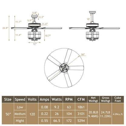 50 Inch Noiseless Ceiling Fan with Explosion-Proof Glass Lampshades & Reversible Blades – Black