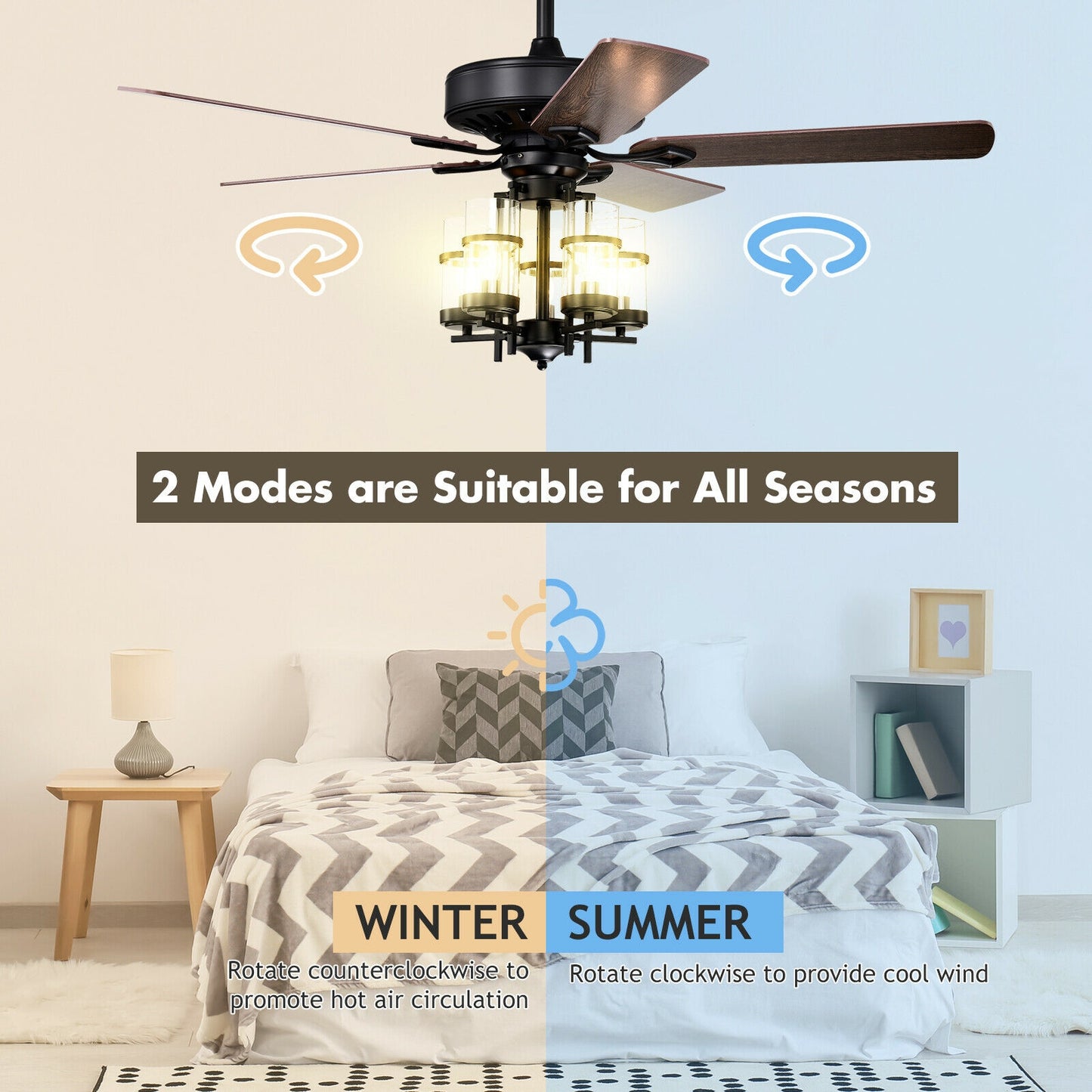 50 Inch Noiseless Ceiling Fan with Explosion-Proof Glass Lampshades & Reversible Blades – Black
