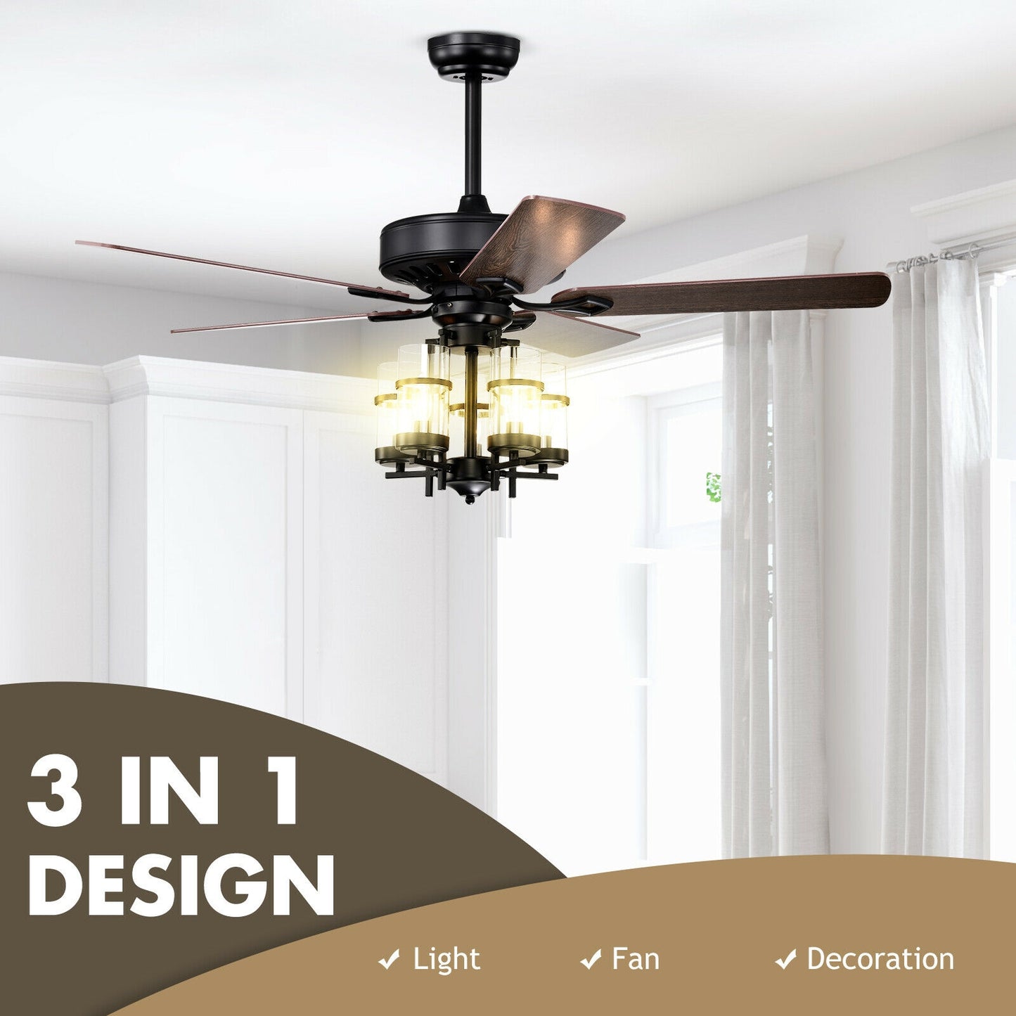50 Inch Noiseless Ceiling Fan with Explosion-Proof Glass Lampshades & Reversible Blades – Black