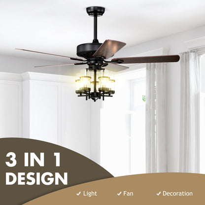 50 Inch Noiseless Ceiling Fan with Explosion-Proof Glass Lampshades & Reversible Blades – Black