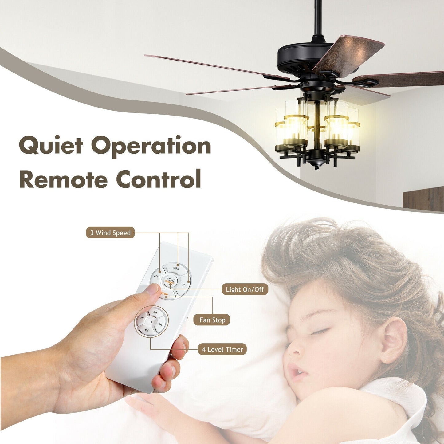 50 Inch Noiseless Ceiling Fan with Explosion-Proof Glass Lampshades & Reversible Blades – Black