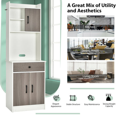 Tall Kitchen Pantry Cabinet with Hutch Adjustable Shelves and 3 Doors White 71 Inch Storage Buffet